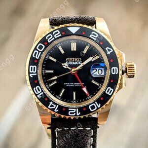 Full Automatic Diver GMT NH34 Mod Watch 40mm Black Gold Sapphire Cathedral Great